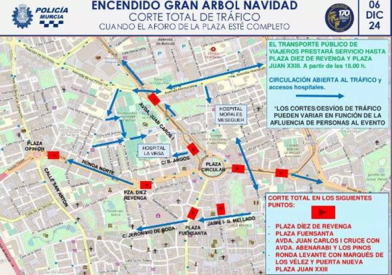 Road closures and free transport in Murcia for Christmas tree light up